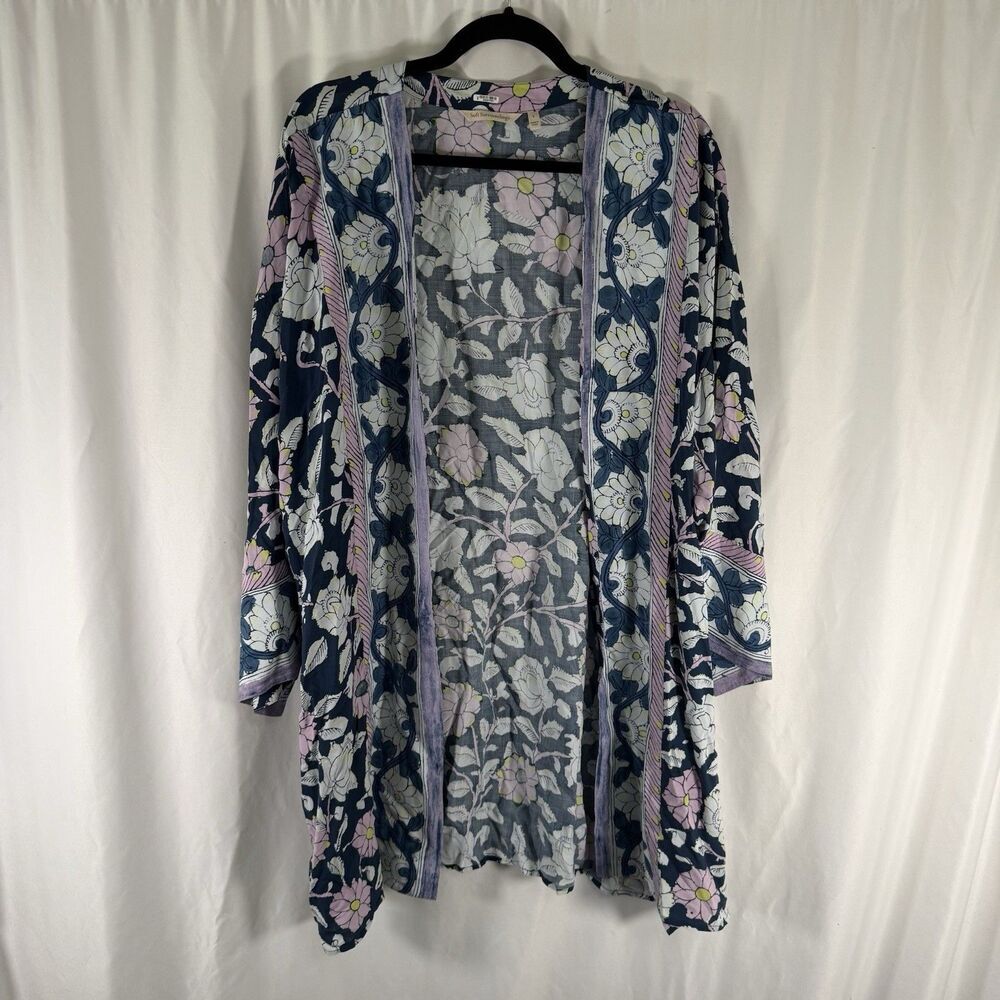 Soft Surroundings Long Cardigan Women's Large Blue Purple Floral Open Front